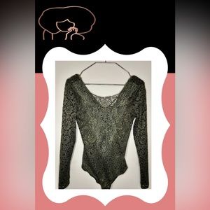 Small Olive Green Paisley Lace Fun and Flirty Bodysuit by Charlotte Russe